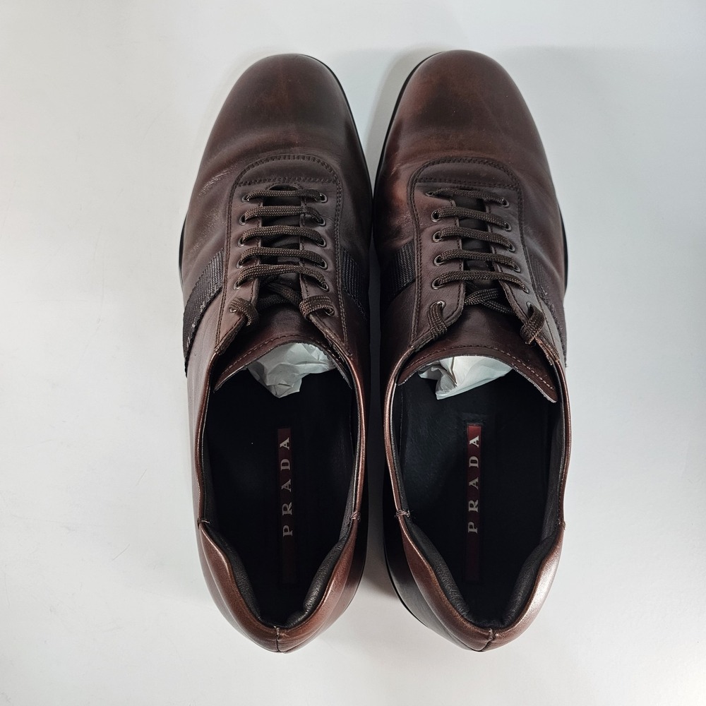 PRADA Sport Leather Low Sneakers Mens Size 11 Brown Solid Italy Shoes Luxury - Picture 9 of 16